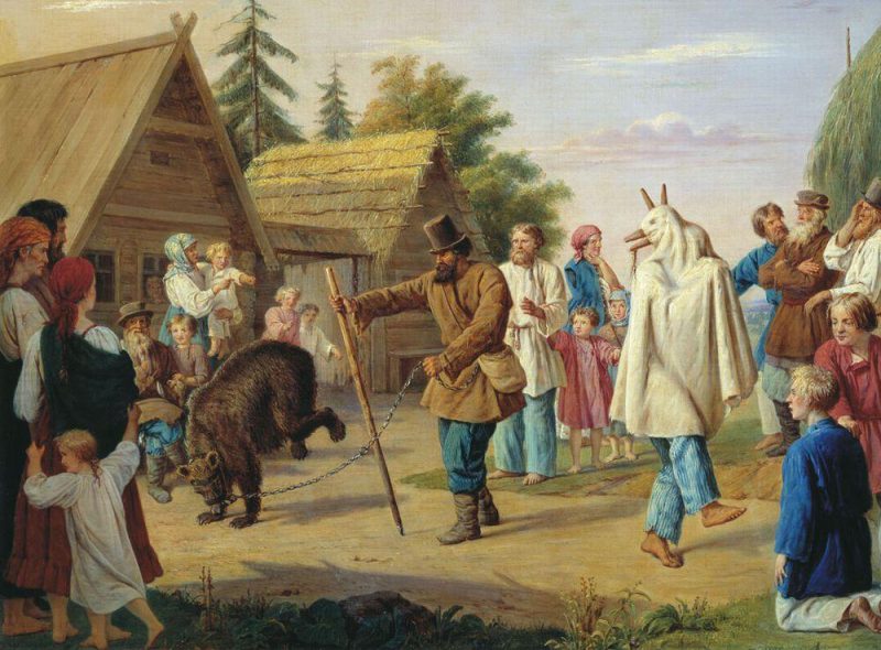 Skomorokhs en un pueblo ruso por François Nicholas Riss